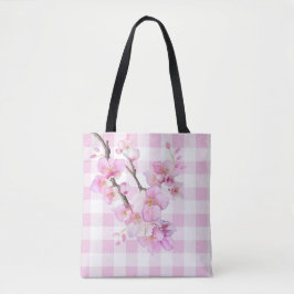 Bolsa Tote Xadrez de aguarela rosa flores de cerejeira