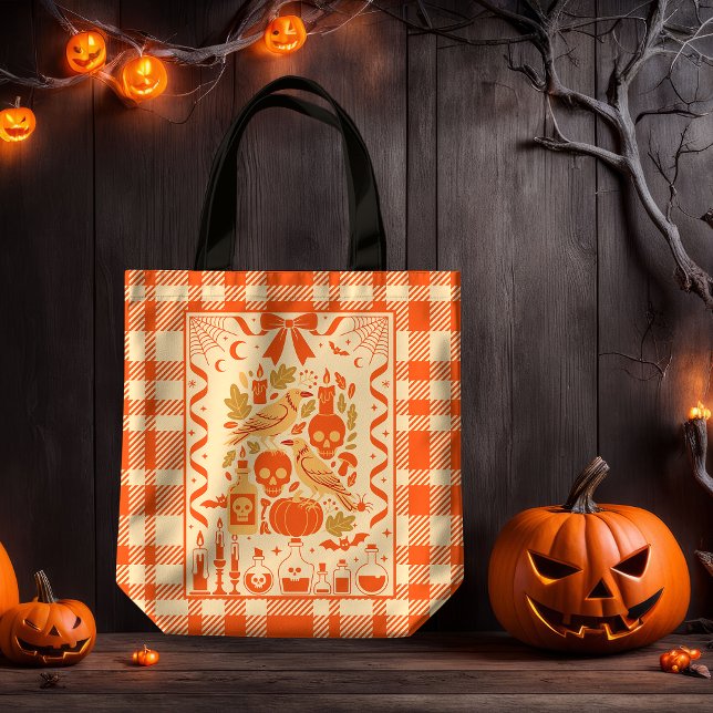 Bolsa Tote Xadrez de Arte Folclórica Laranja Coquette (Criador carregado)