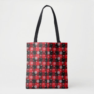 Bolsa Tote Xadrez de Búfalo Festivo Vermelho e Preto com Floc