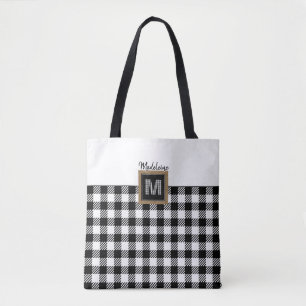 Bolsa Tote Xadrez de búfalo preto e branco - Monograma clás