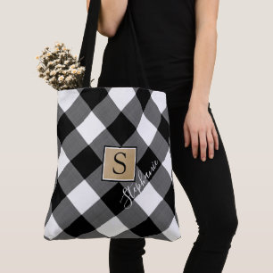 Bolsa Tote Xadrez de búfalo russa Monograma preto e branco
