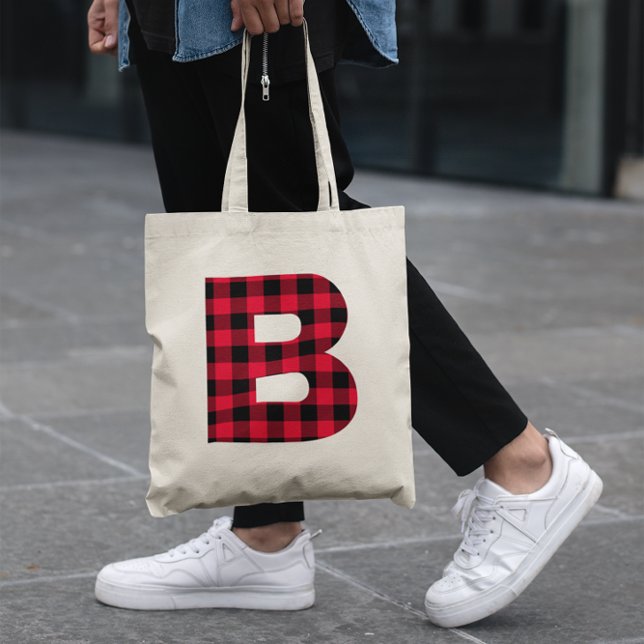 Bolsa Tote Xadrez de Búfalo Vermelho e Preto Monograma de Let (Red and Black Buffalo Plaid Bold Letter B Monogram Tote Bag)