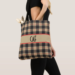 Bolsa Tote Xadrez de Búfalo Vermelho Preto e Marrom Monograma