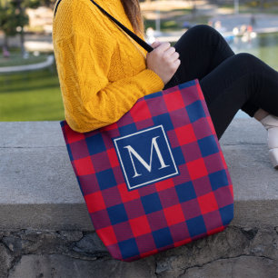 Bolsa Tote Xadrez de búfalos vermelho e Marinho azul monogram