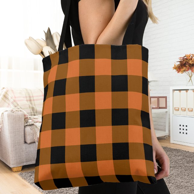 Bolsa Tote Xadrez de Buffalo Negro e Laranja outono (Black and Orange Buffalo Plaid Autumn Fall Tote Bag)