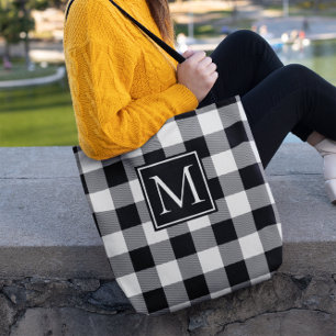 Bolsa Tote Xadrez de Buffalo Preto e Branco Monograma