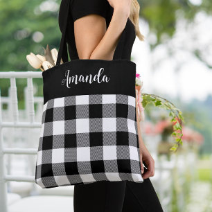 Bolsa Tote Xadrez de Buffalo Preto e Branco Personalizada