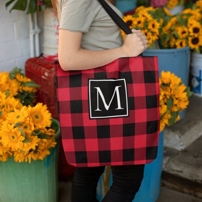 Bolsa Tote Xadrez de Buffalo Vermelho e Negro Monograma (Monogrammed Buffalo Plaid Tote Bag)