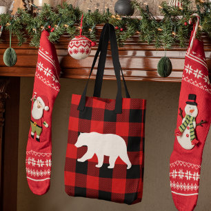 Bolsa Tote Xadrez de Buffalo Vermelho e Urso Branco
