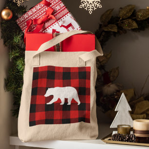 Bolsa Tote Xadrez de Buffalo Vermelho e Urso Branco