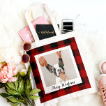 Bolsa Tote Xadrez de Buffalo Vermelho e Woofmas Feliz com Fot<br><div class="desc">Xadrez de Buffalo Vermelho e Woofmas Feliz com Foto de Cão</div>