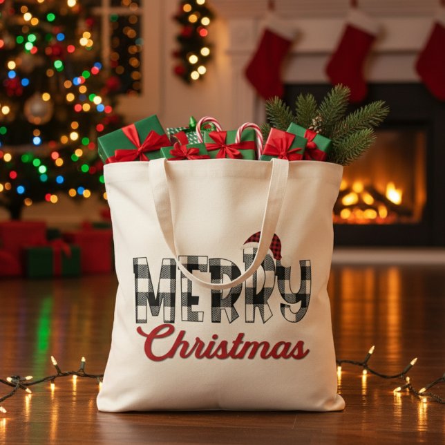 Bolsa Tote Xadrez de Buffalo Vermelho, Negro e Branco Feliz N (Red, Black and White Buffalo Plaid Merry Christmas Tote Bag)