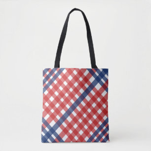 Bolsa Tote Xadrez de Gingham Vermelho, Branco e Azul