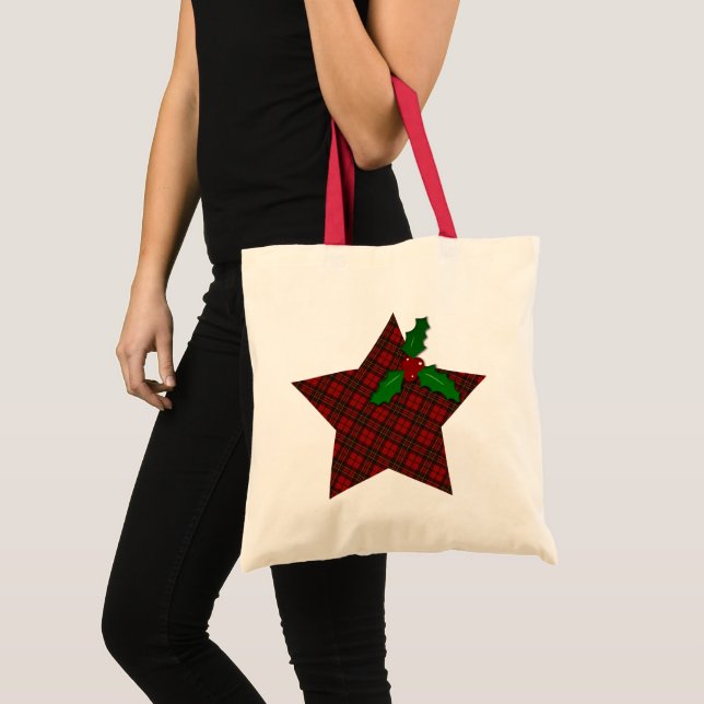 Bolsa Tote Xadrez de Natal Red Tartan Inverno Star Holly (Frente (produto))