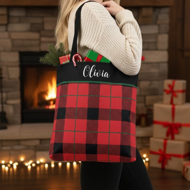 Bolsa Tote Xadrez de Natal Vermelho, Preto e Verde Personaliz (Red, Black and Green Christmas Plaid Custom Tote Bag - Just Add Your Name!)