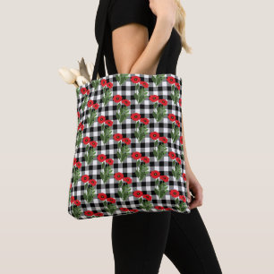 Bolsa Tote Xadrez de Papoulas Vermelhas, Pretas e Brancas em 