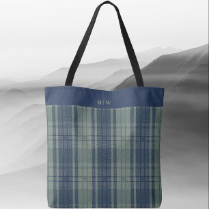 Bolsa Tote Xadrez de Tartan - Azul Marinho e Verde Traseiro