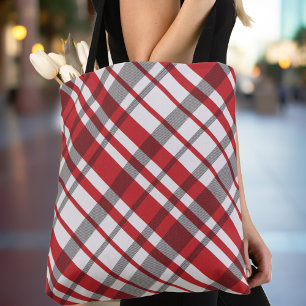 Bolsa Tote Xadrez de Tartan Diagonal Vermelho Branco e Cinza