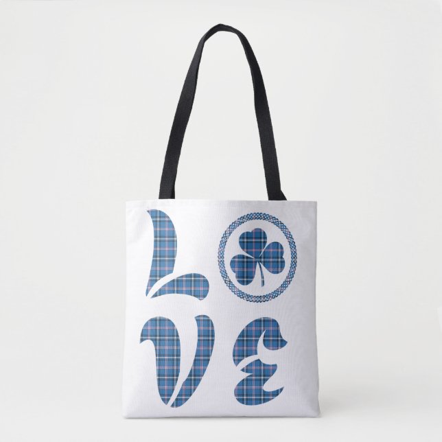 Bolsa Tote Xadrez de Trevo Amor Azul Preto Padrão Clássico (Frente)