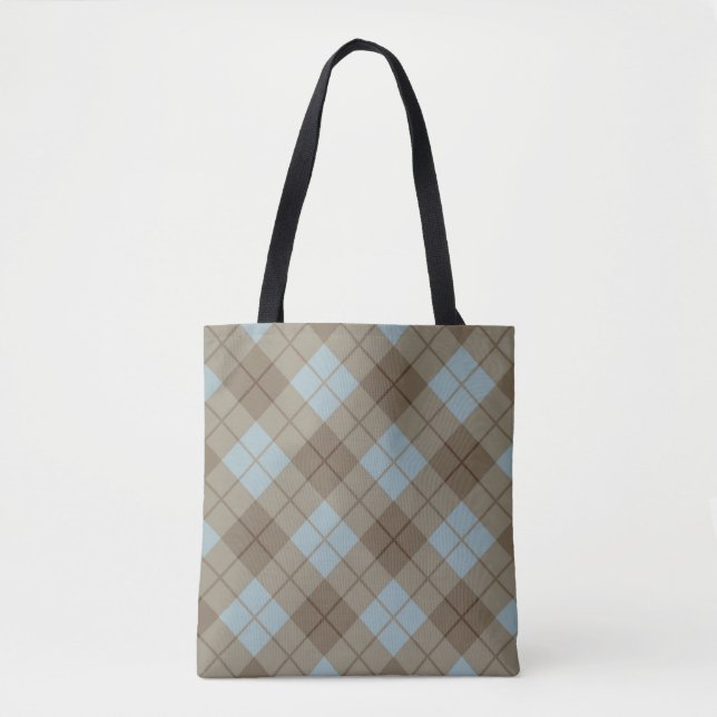 Bolsa Tote Xadrez diagonal no azul e no Brown (Frente)