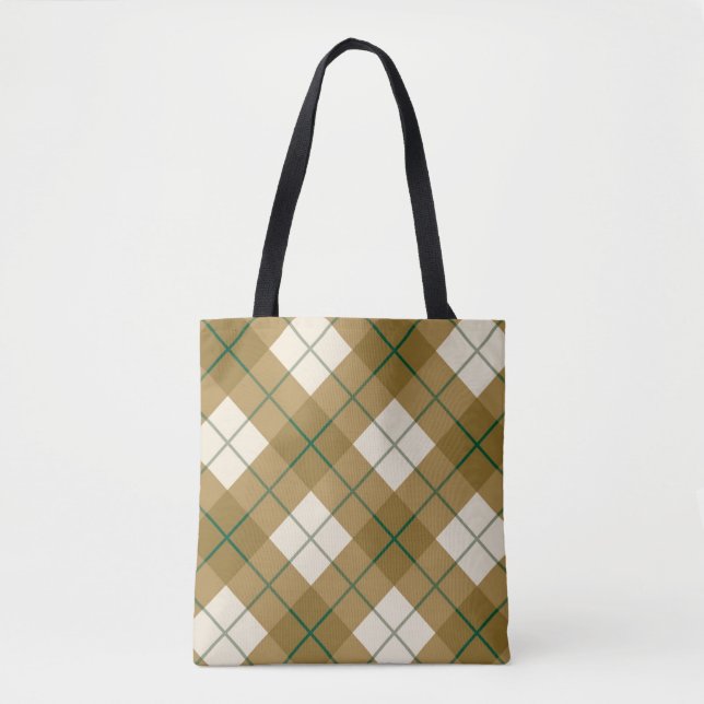 Bolsa Tote Xadrez diagonal no ouro com listra verde (Frente)