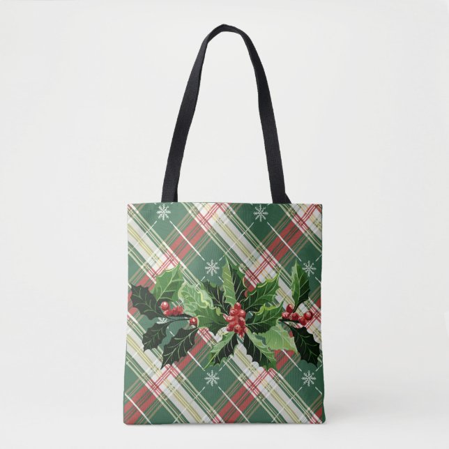 Bolsa Tote Xadrez Dourada branca de Natal com exaustão (Frente)
