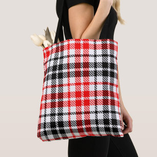Bolsa Tote Xadrez Escocês de Torçal Vermelho Preto em Branco