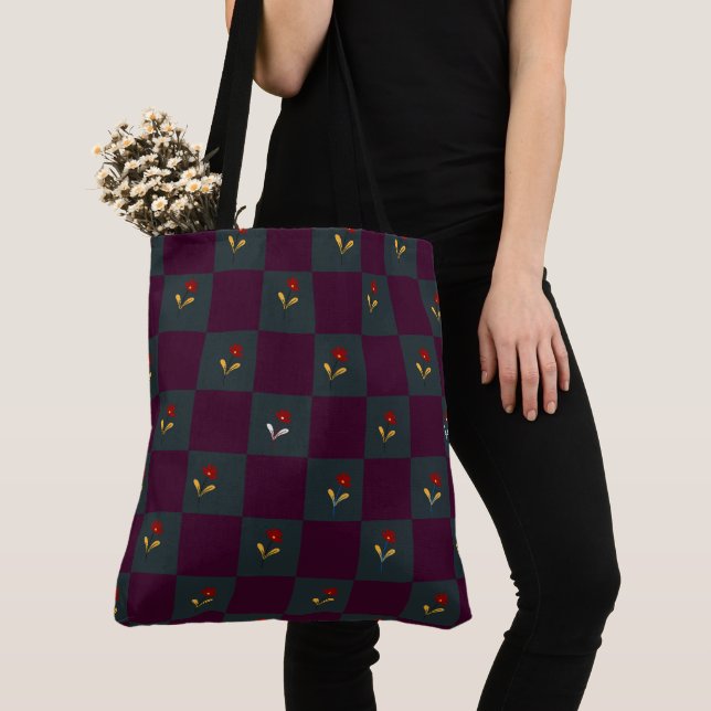 Bolsa Tote Xadrez Floral Chic Moderno  (Close Up)