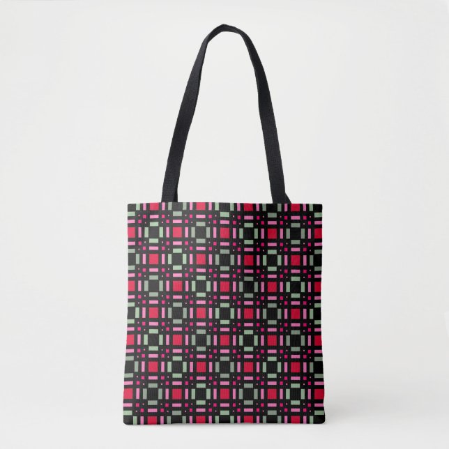 Bolsa Tote Xadrez geométrica - faixas vermelhas vermelhas (Frente)