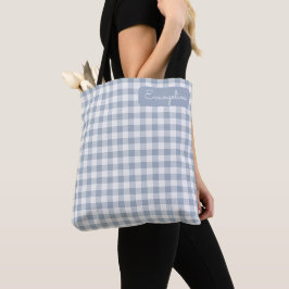 Bolsa Tote Xadrez Gingham Costeiro Préppy Azul e Branco Nome