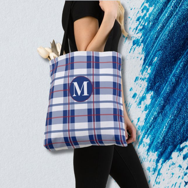 Bolsa Tote Xadrez Grande, Vermelho, Branco e Azul Monograma (Criador carregado)