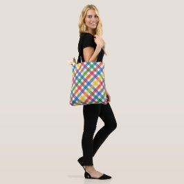 Bolsa Tote Xadrez Impresso em Vermelho Azul Amarelo e Verde 