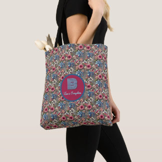 Bolsa Tote Xadrez Indígena Floral Monogramas Vintage