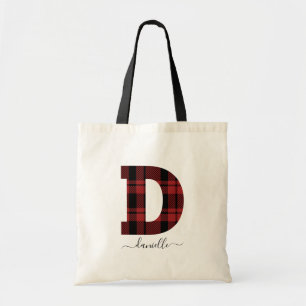 Bolsa Tote Xadrez - Letra monográfica vermelha e preta "D"