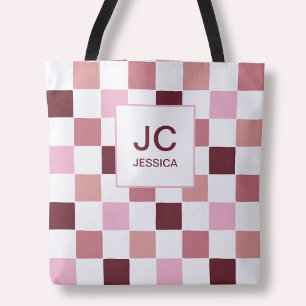Bolsa Tote Xadrez Monograma Rosa Vermelho Moderno Simples Ini