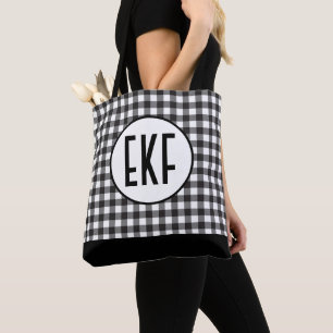 Bolsa Tote Xadrez Preto e Branco Monogramado na Moda
