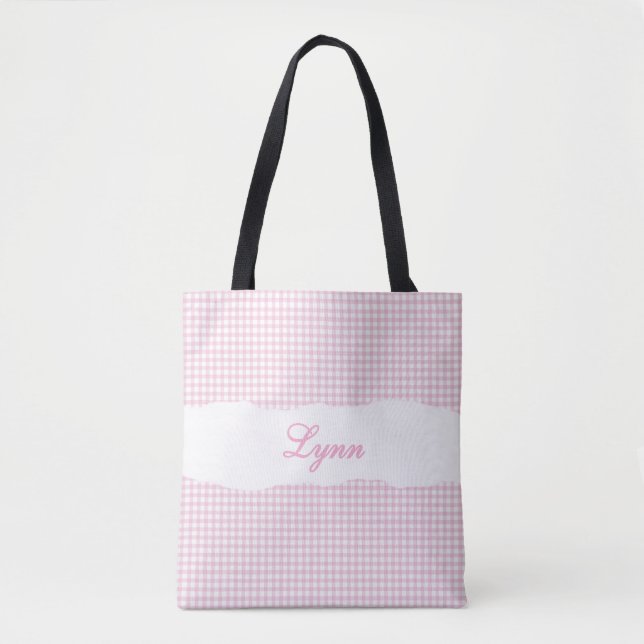 Bolsa Tote Xadrez Rosa e Branco Clássico | Nome Personalizado (Frente)