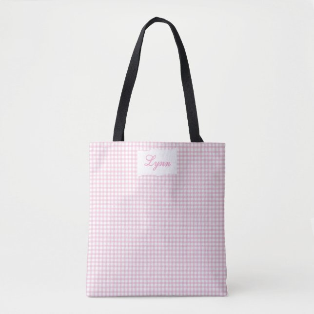 Bolsa Tote Xadrez Rosa e Branco Clássico | Nome Personalizado (Frente)