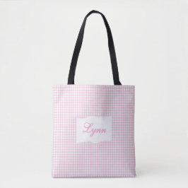 Bolsa Tote Xadrez Rosa e Branco Clássico | Nome Personalizado