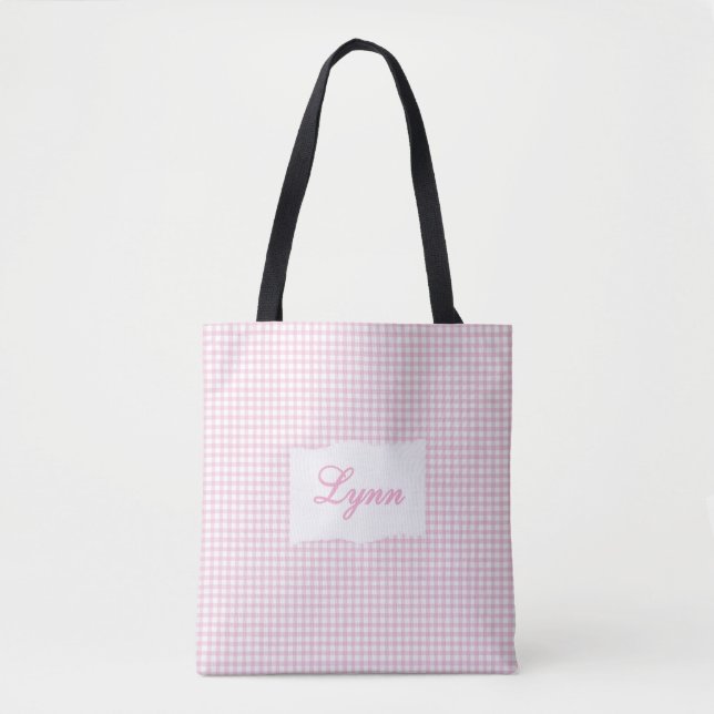 Bolsa Tote Xadrez Rosa e Branco Clássico | Nome Personalizado (Frente)