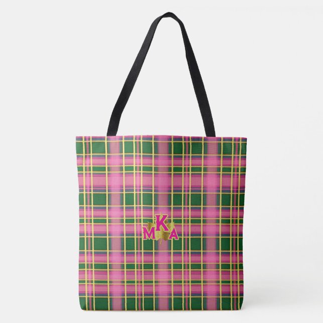 Bolsa Tote Xadrez Rosa e Verde Chic com Monograma (Frente)
