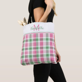 Bolsa Tote Xadrez Rosa e Verde Monograma Esnobe