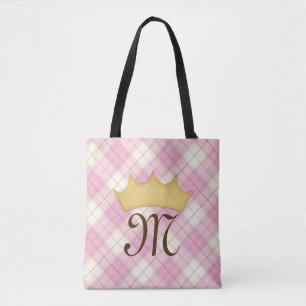 Bolsa Tote Xadrez rosa Tartan Nome personalizado Princesa