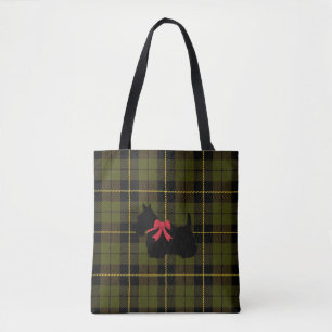 Bolsa Tote xadrez verde com o Scottish Terrier com arco verme