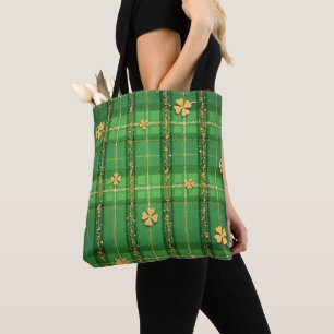 BOLSA TOTE XADREZ VERDE COM TREVO DE LUAR DOURADO