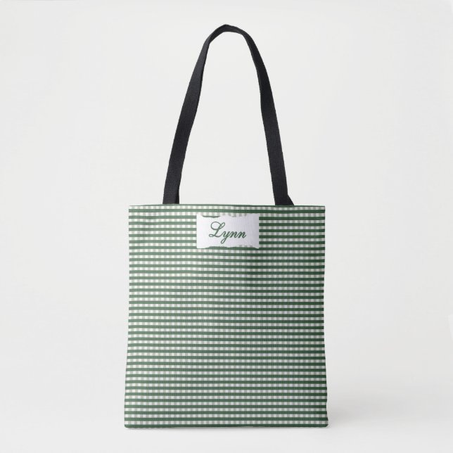 Bolsa Tote Xadrez Verde e Branco Clássico | Nome Personalizad (Frente)