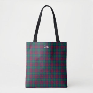 Bolsa Tote Xadrez Verde e Maroon Lindsay Tartan Monograma