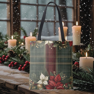 Bolsa Tote Xadrez Verde Elegante e Natal de Poinsettia Vermel