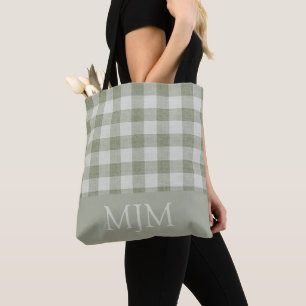 Bolsa Tote Xadrez Verde Salvia Monograma Nome Personalizado