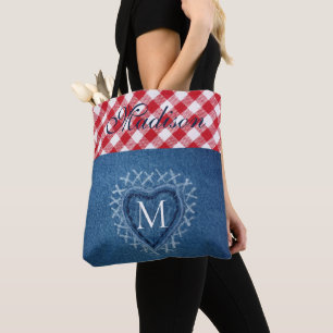 Bolsa Tote Xadrez Vermelha Buffalo Check Denim Heart Monogram